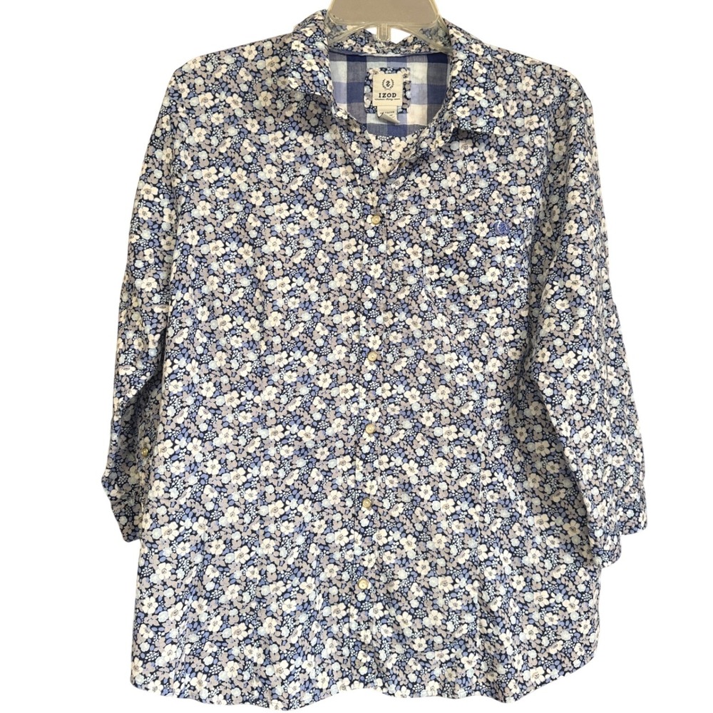 IZOD Womens Floral Button Down Shirt Blue White Long Sleeve XL Gold Rim Buttons - Picture 1 of 9